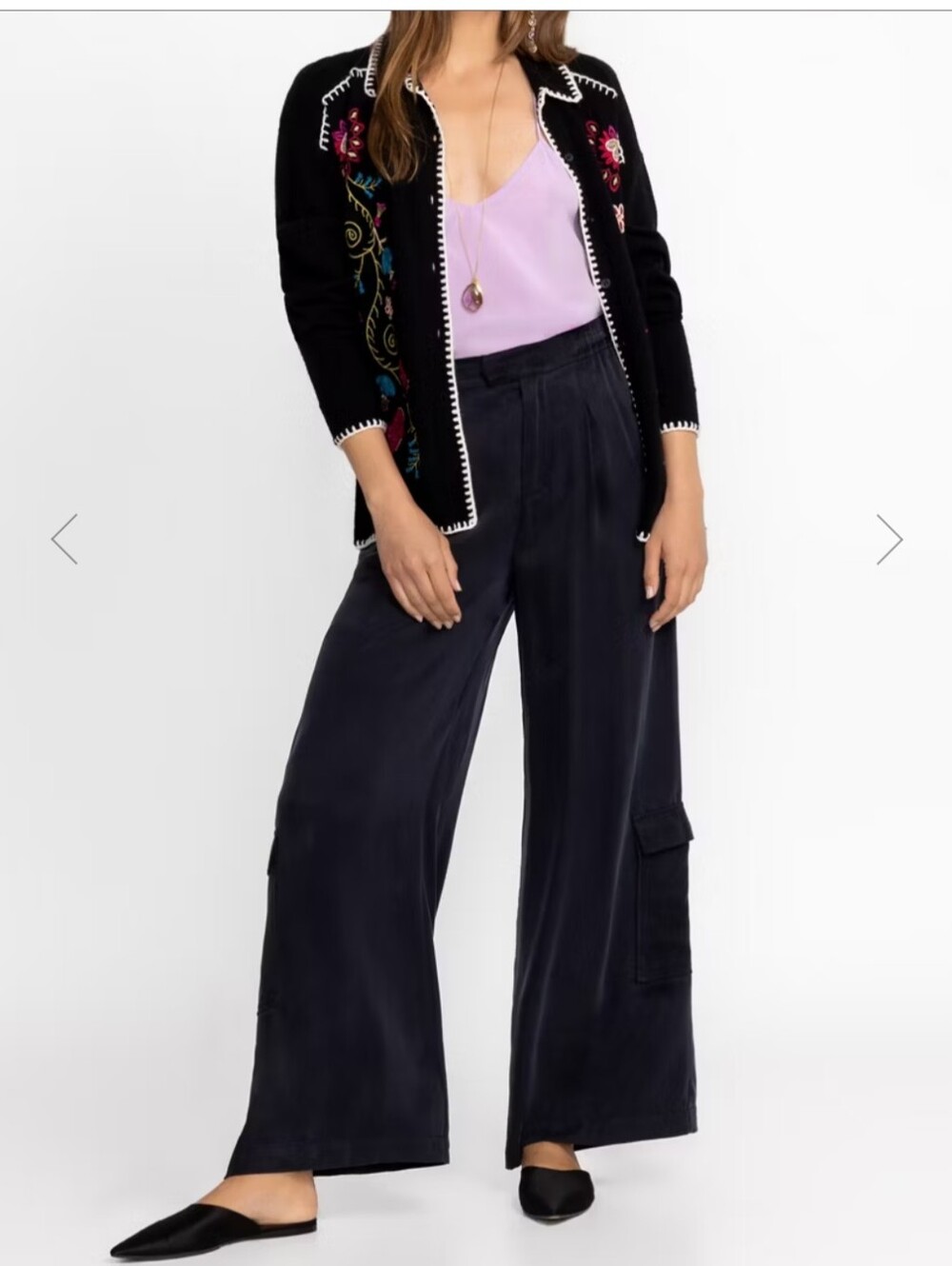 Johnny Was Calme Cupro Cargo Flowy Wide Leg Pleated Pull On Black Pant Size S